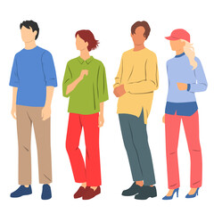 Obraz premium Set of young men and women , different colors, cartoon character, group of silhouettes of standing business people, students, design concept of flat icon, isolated on white background