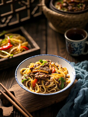 Chinese beef fried noodles gourmet close-up