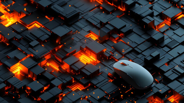 Modern Computer Mouse on Abstract Glowing Cubic Pattern Dark Background - Powered by Adobe