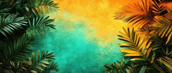 Tropical leaves frame teal and yellow backdrop, suggestive of a serene, artistic scene
