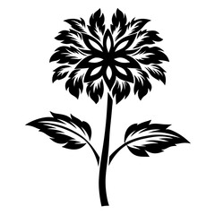 Elegant Black and White Floral Design Intricate Flower with Leaves Botanical Illustration Symmetrical Pattern Nature Graphic Art