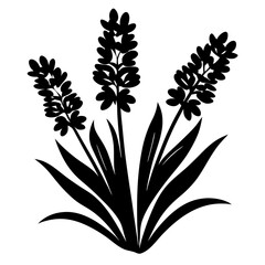 Black Silhouette of Three Beautiful Flowers with Lush Green Leaves