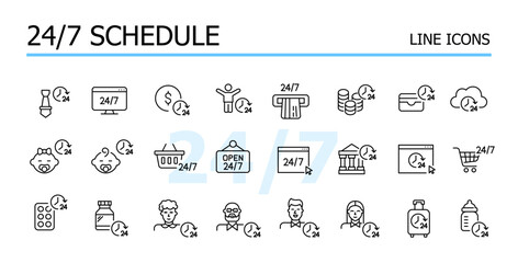 24 7 working schedule, support and service. Open all days a week. Vector icons set