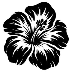A striking black and white illustration of a hibiscus flower with detailed petals and stamens