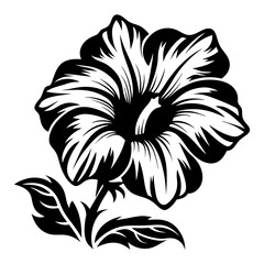 Bold Black and White Hibiscus Flower Illustration with Detailed Petals and Leaves