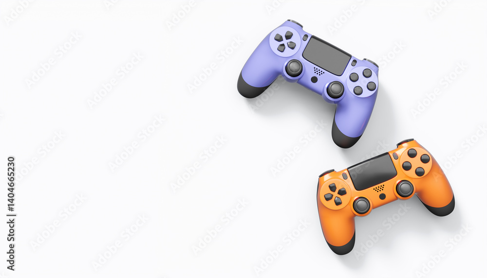 Poster realistic colorful video game joysticks or gamepads with color buttons on white