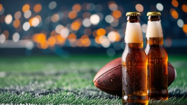 Two bottles of beer on a football field, perfect for game day celebrations with friends.