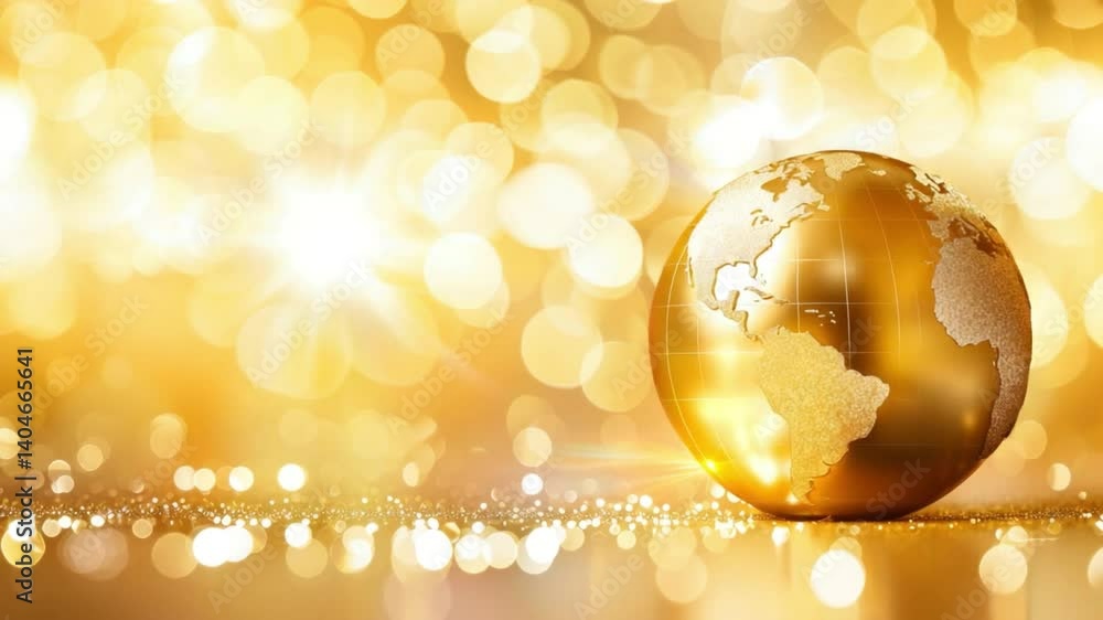 Poster golden globe representing earth shines brightly with shimmering bokeh lights, creating festive atmos