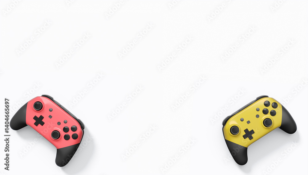 Poster realistic colorful video game joysticks or gamepads with color buttons on white
