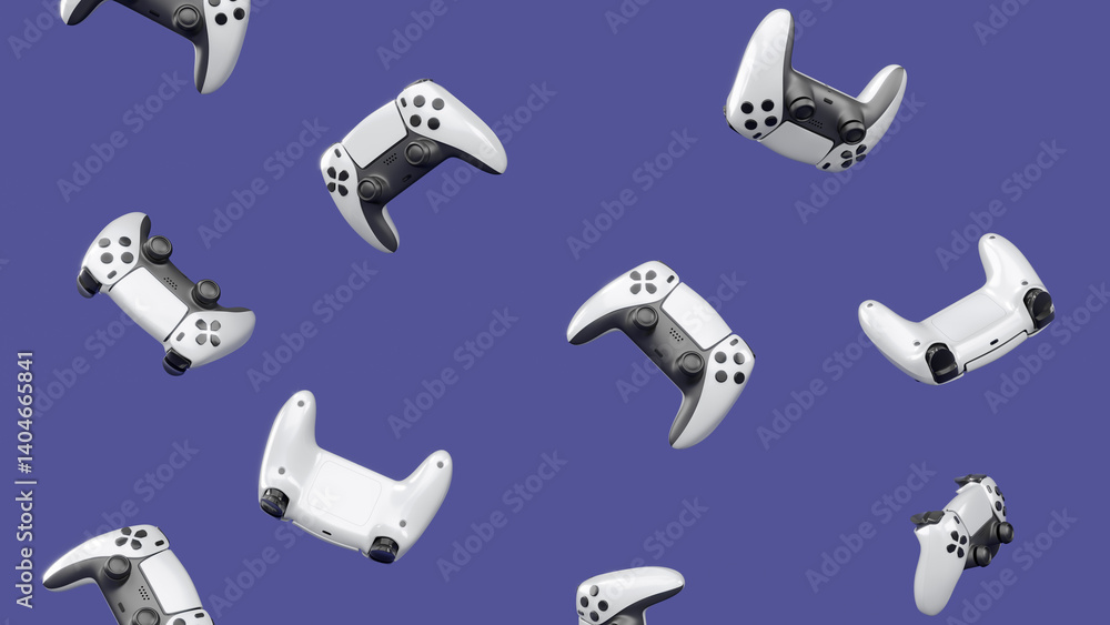 Poster realistic video game joysticks or gamepads rotating and falling on violet