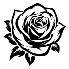 A Stunning Black and White Stylized Rose Illustration with Bold Petals and Leaves