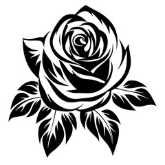 A Black and White Stylized Rose with Detailed Petals and Leaves