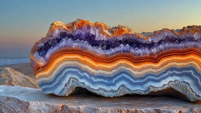 Stunning Agate Geode at Sunset with Vibrant Striations for Geological Decor Generative AI