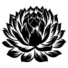 Black and White Stylized Lotus Flower Botanical Illustration Graphic Design