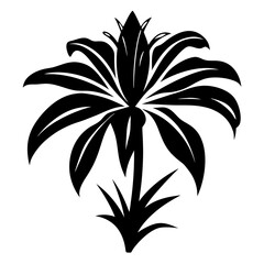 A Black and White Stylized Lily Flower with Sharp Petals and a Defined Stem