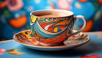 Fototapeta premium Artistic colorful coffee cup with abstract illustrations showcasing a vibrant creative pattern. Generated image