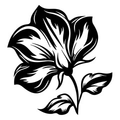 Elegant Black and White Floral Design Illustration of a Single Blooming Flower with Leaves