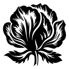A Black and White Stylized Floral Illustration of a Blooming Flower with Detailed Petals and Leaves