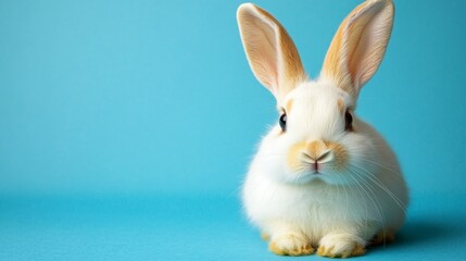 Obraz premium A charming white bunny rests quietly in front of a calm, light blue scene, embodying innocence and tranquility