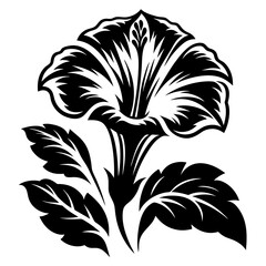 Elegant Black and White Hibiscus Flower with Intricate Leaf Details Botanical Illustration