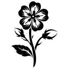 Black and White Stylized Flower with Buds and Leaves Floral Design Element Botanical Illustration
