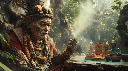 Obraz premium Indigenous Shaman in Jungle Performing Ritual with Artifacts and Offerings