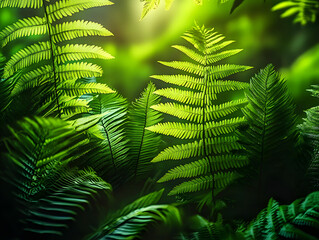 Intricate fern details, a tropical rainforest close-up.