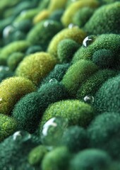 Preserved moss textile surface with emerald to sage gradient and moisture droplets, sustainable upholstery concept for biophilic furniture design, eco-friendly decor.