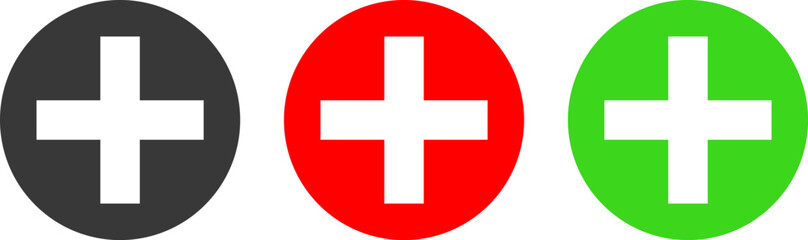 plus icon set. medical or pharmacy icon. red and green color. Plus minus and multiplying round button. add icon symbol
