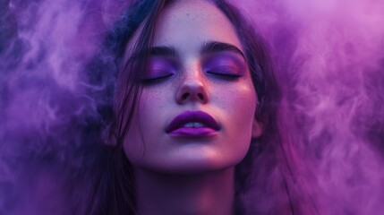 Fototapeta premium Dreamlike portrait of young caucasian female with purple smoke