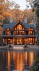 Obraz premium Lakefront house with autumn foliage. Warm lights glow from the windows, reflecting in the water