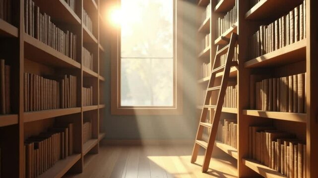 Sunlit Library with Tall Book Shelves