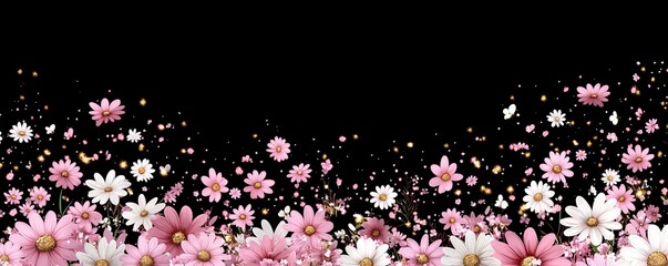 Dynamic Coral White Yellow Daisy Floral Print on a Black Base