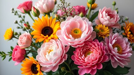 Beautiful still life detail of a mixed flower bouquet that is vibrant and colourful