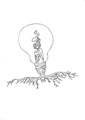 Unique black and white sketch showing a candle burning inside a light bulb with branching roots symbolizing creativity growth and inspiration