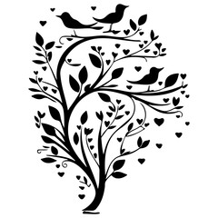 Love Birds Silhouette on Heart Adorned Tree Art