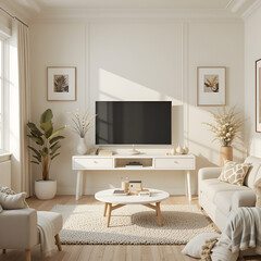 Modern minimalist wood and concrete living room interior with sunlight in the morning vibes 