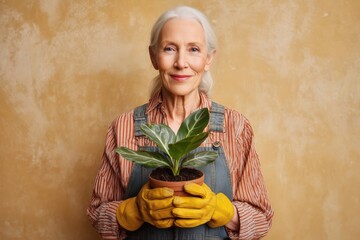 A woman is holding a plant in a pot