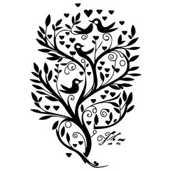 Obraz premium Stylized tree silhouette with heart-shaped leaves