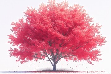 Vibrant crimson tree, leaves falling. Serene autumn scene