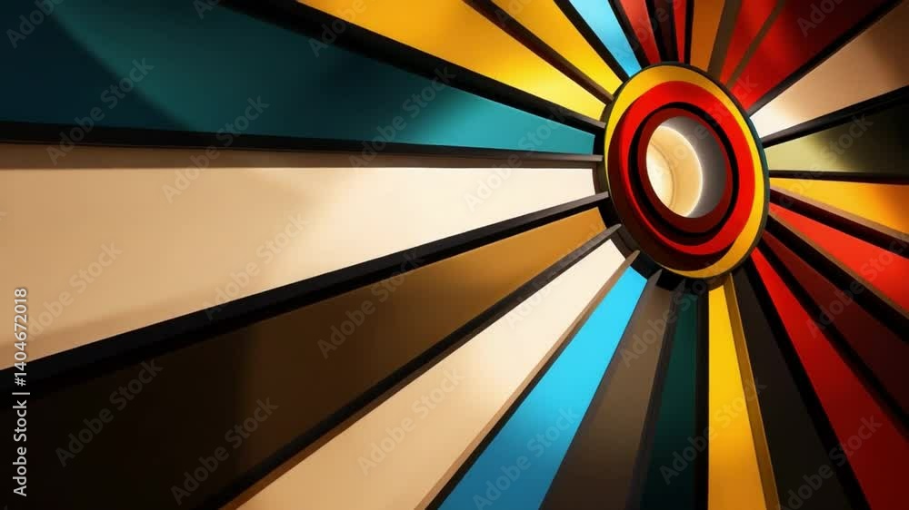 Poster vibrant geometric design with colorful circular segments radiating modern abstract art, creating dyn