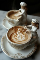 The coffee sits in an elegant white cup on a matching saucer, with soft steam rising gently. created by ai