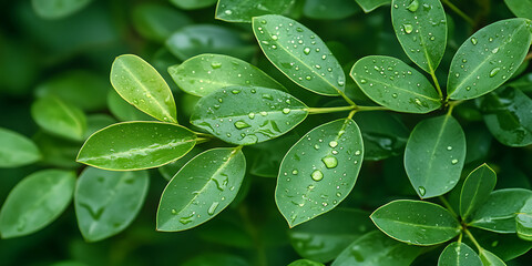 Water Droplets on Glossy Green Leaves