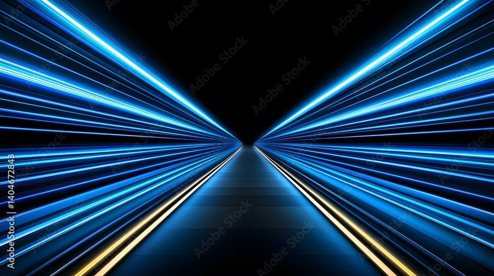 Poster the image shows a dark tunnel with bright blue and gold lines converging towards a vanishing point i