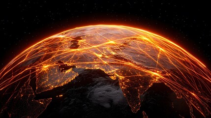 The image shows a stylized depiction of Earth at night, with glowing orange lines representing interconnectedness, possibly communication or transportation routes, across Eurasia and parts of Africa.
