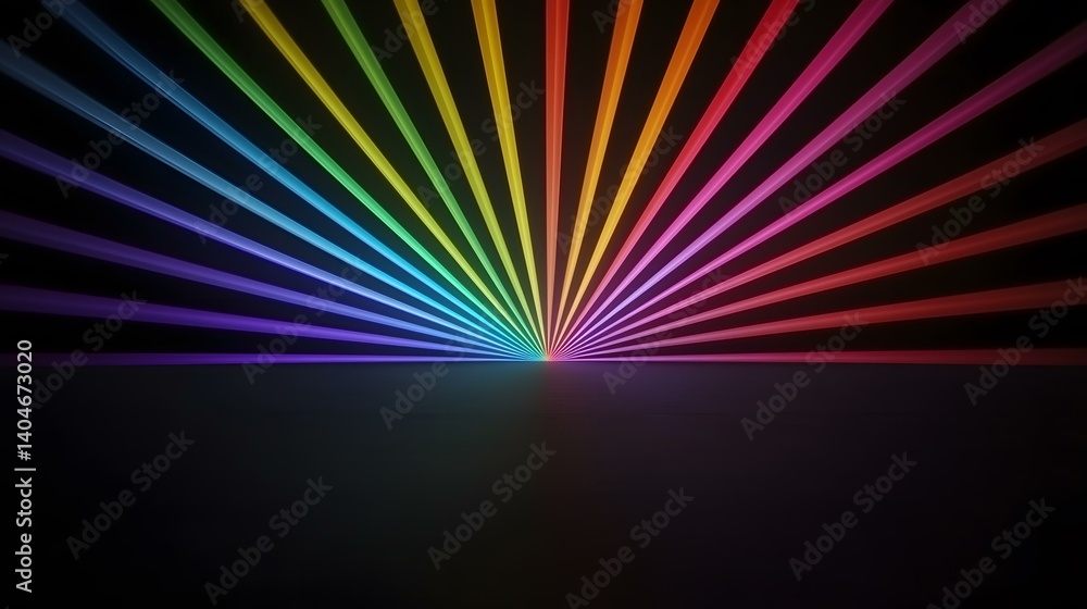 Poster the image shows multiple vibrant laser beams emanating from a central point, forming a rainbow-like 