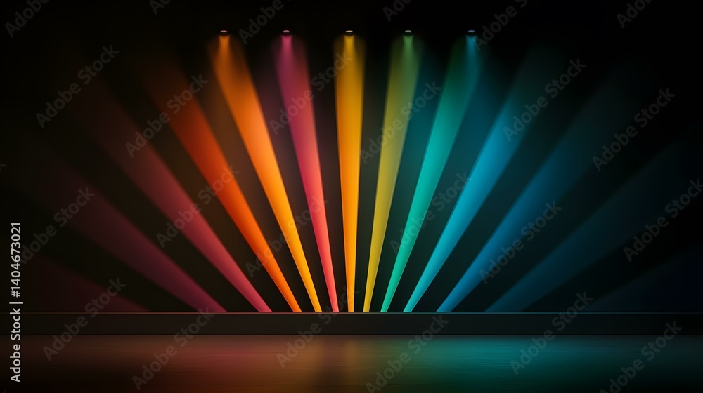 Poster a dark room is lit by multiple colored spotlights creating a rainbow effect on a low stage.