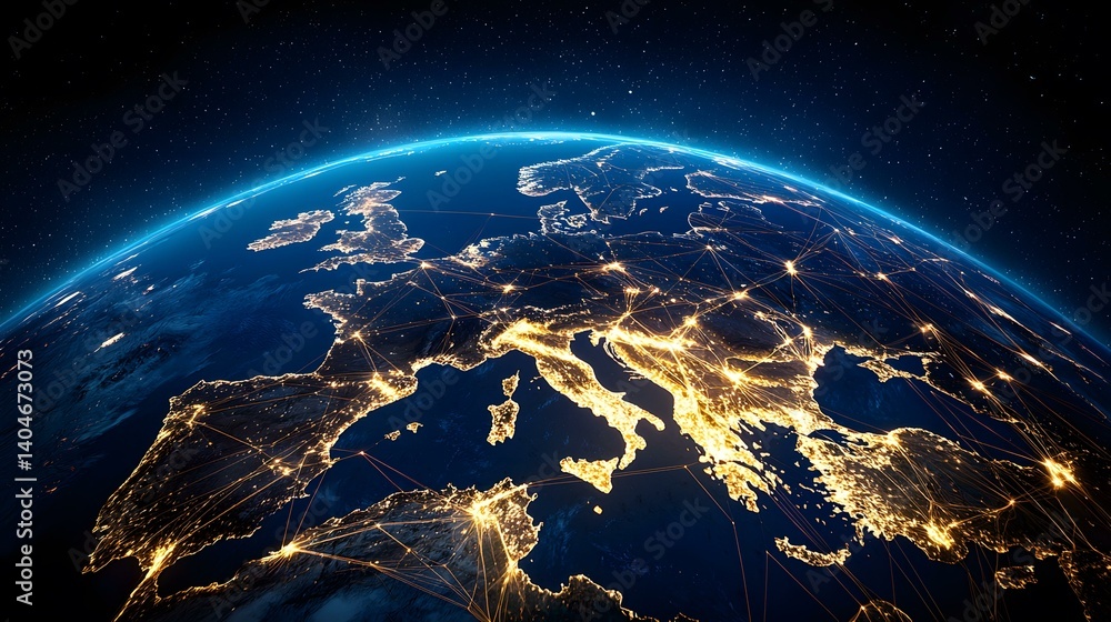 Aufkleber the image shows a nighttime view of europe from space, highlighting the major cities and their inter