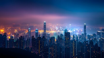 A dreamlike cityscape illuminated by soft glowing lights under a dark sky