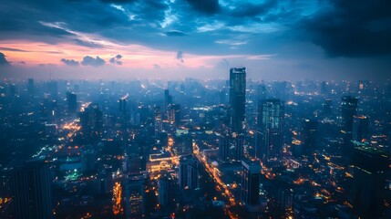 Obraz premium A dreamlike cityscape illuminated by soft glowing lights under a dark sky